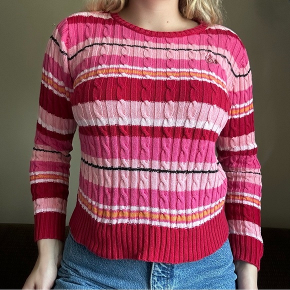 2000s Y2K Liz Claiborne Pink Striped Embroidered Cable Knit Sweater Size XS - Picture 6 of 7